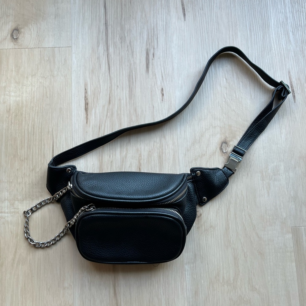 Black Leather Crossbody Bag with Chain Detail